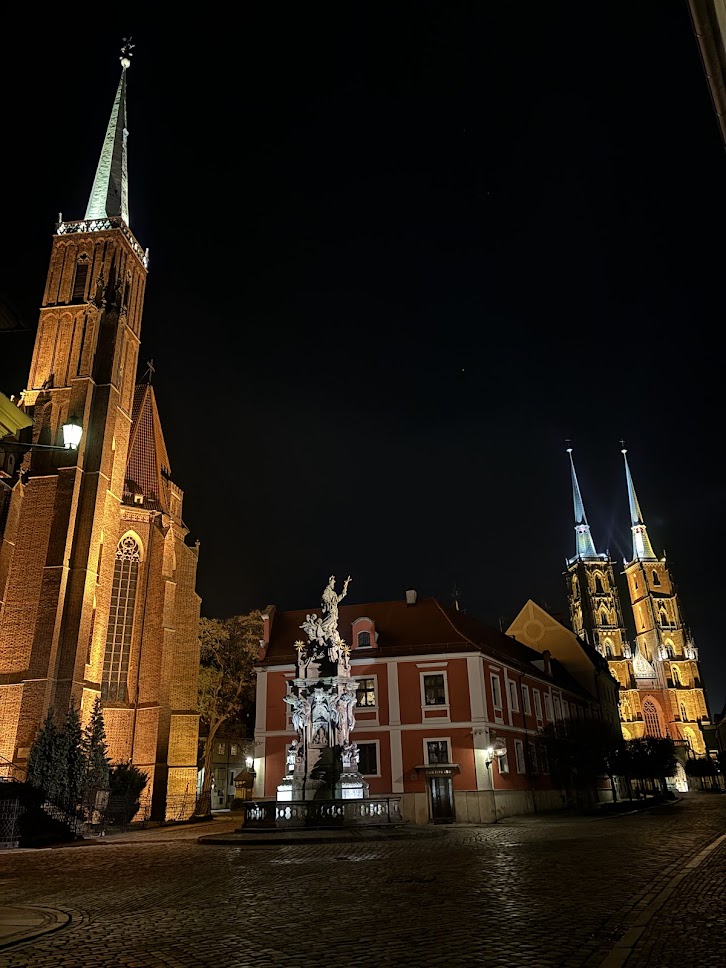 Old town buildings illuminated in Wrocław