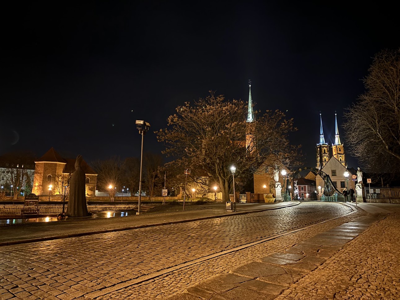 Wrocław skyline reflecting in the river at night